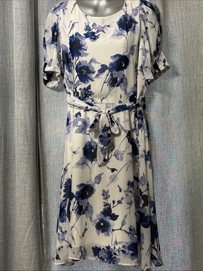 DKNY White Midi Dress with Blue Floral Print and Self-Tie Waist
